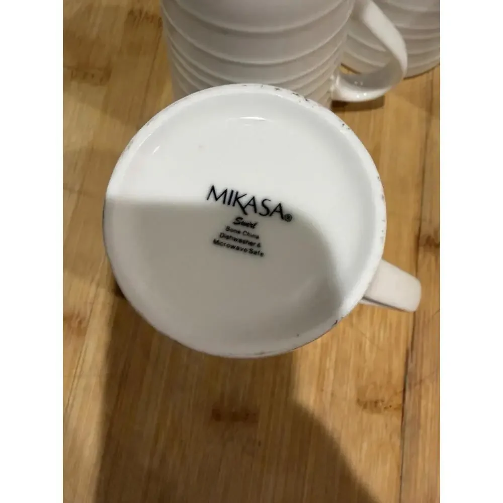 Set Of 4 Mikasa Swirl White Bone China Coffee Cup 4.5" Tall Mug Ribbed * - Picture 8 of 10